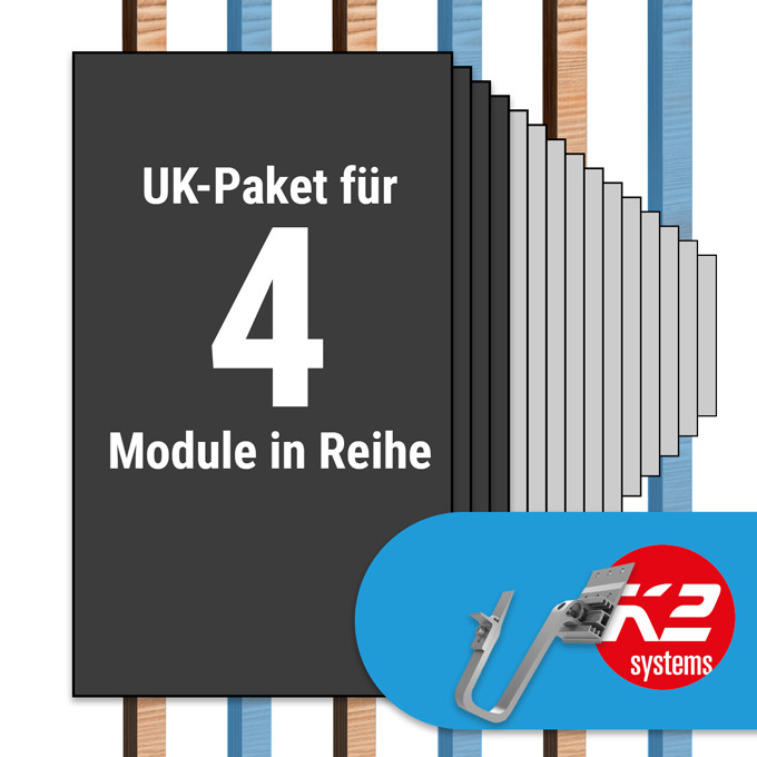 K2 Paket Ziegeldach: 1 Reihe x 4 Module (K2 3S Long Dachhaken: Jeder 2. Sparren)