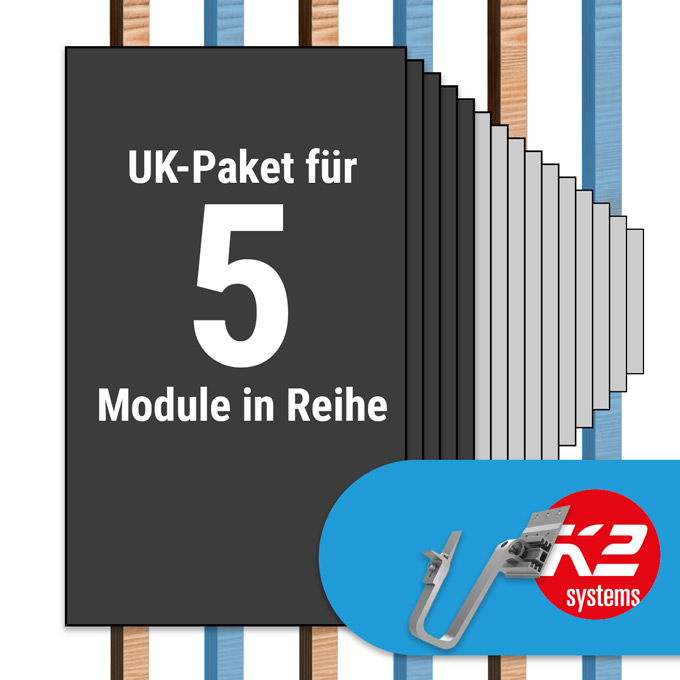 K2 Paket Ziegeldach: 1 Reihe x 5 Module (K2 3S Long Dachhaken: Jeder 2. Sparren)