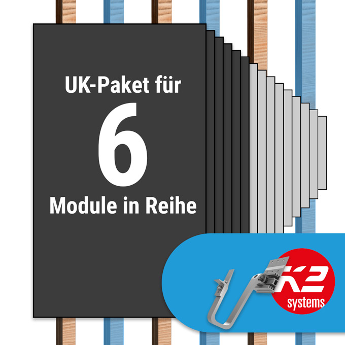 K2 Paket Ziegeldach: 1 Reihe x 6 Module (K2 3S Long Dachhaken: Jeder 2. Sparren)