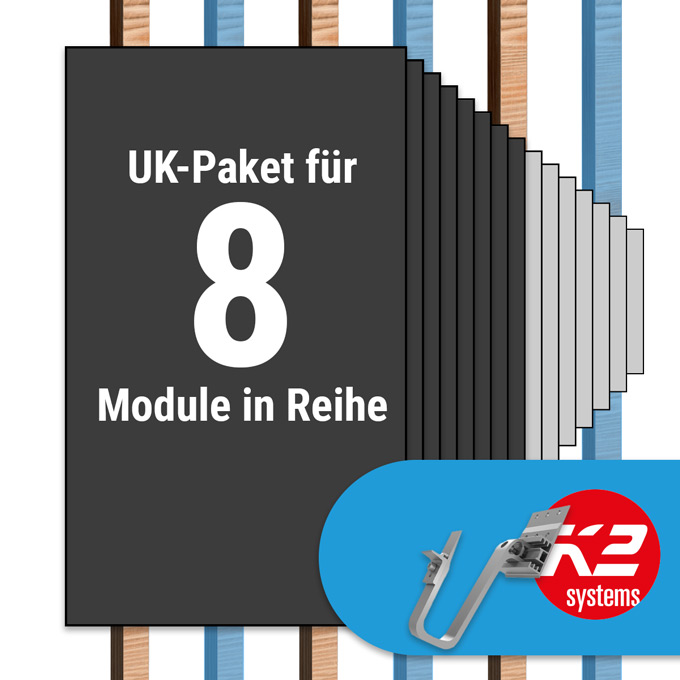 K2 Paket Ziegeldach: 1 Reihe x 8 Module (K2 3S Long Dachhaken: Jeder 2. Sparren)