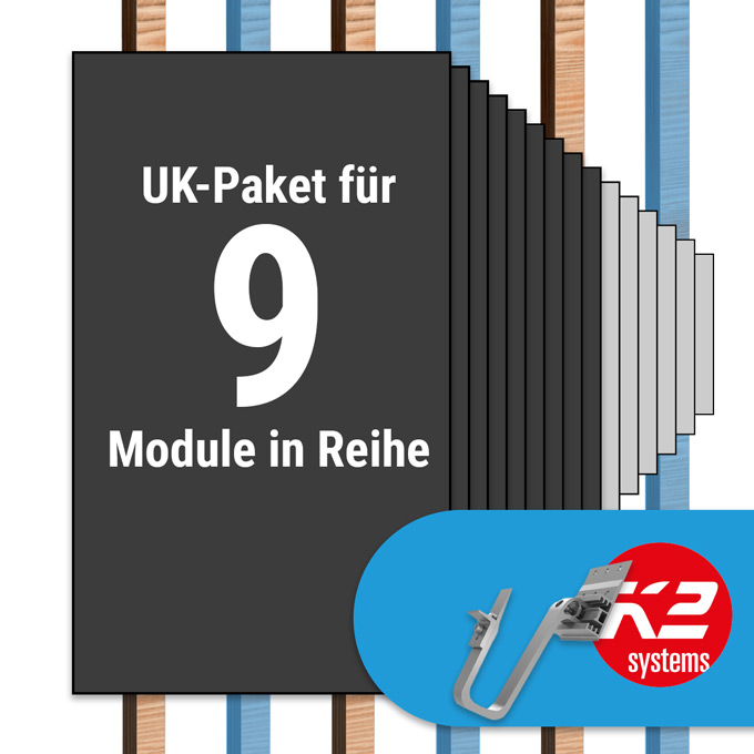 K2 Paket Ziegeldach: 1 Reihe x 9 Module (K2 3S Long Dachhaken: Jeder 2. Sparren)