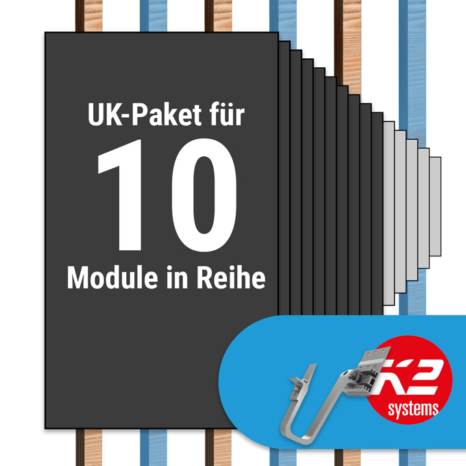 K2 Paket Ziegeldach: 1 Reihe x 10 Module (K2 3S Long Dachhaken: Jeder 2. Sparren)