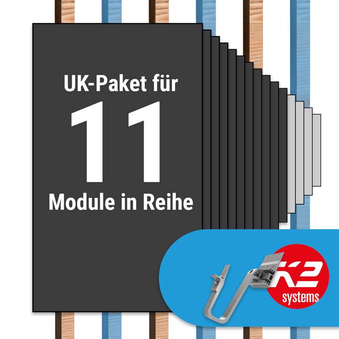 K2 Paket Ziegeldach: 1 Reihe x 11 Module (K2 3S Long Dachhaken: Jeder 2. Sparren)