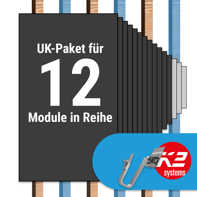 K2 Paket Ziegeldach: 1 Reihe x 12 Module (K2 3S Long Dachhaken: Jeder 2. Sparren)