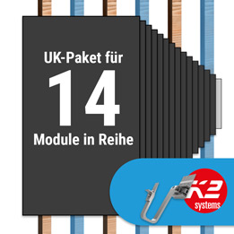 K2 Paket Ziegeldach: 1 Reihe x 14 Module (K2 3S Long Dachhaken: Jeder 2. Sparren)