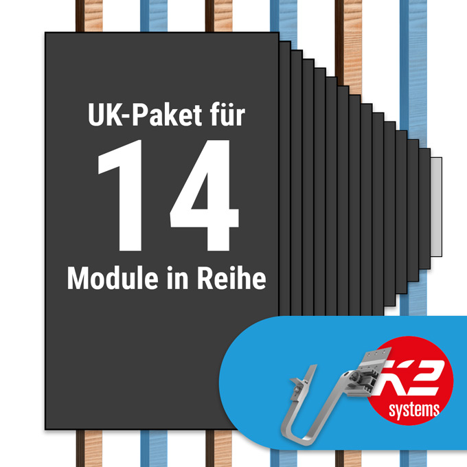 K2 Paket Ziegeldach: 1 Reihe x 14 Module (K2 3S Long Dachhaken: Jeder 2. Sparren)