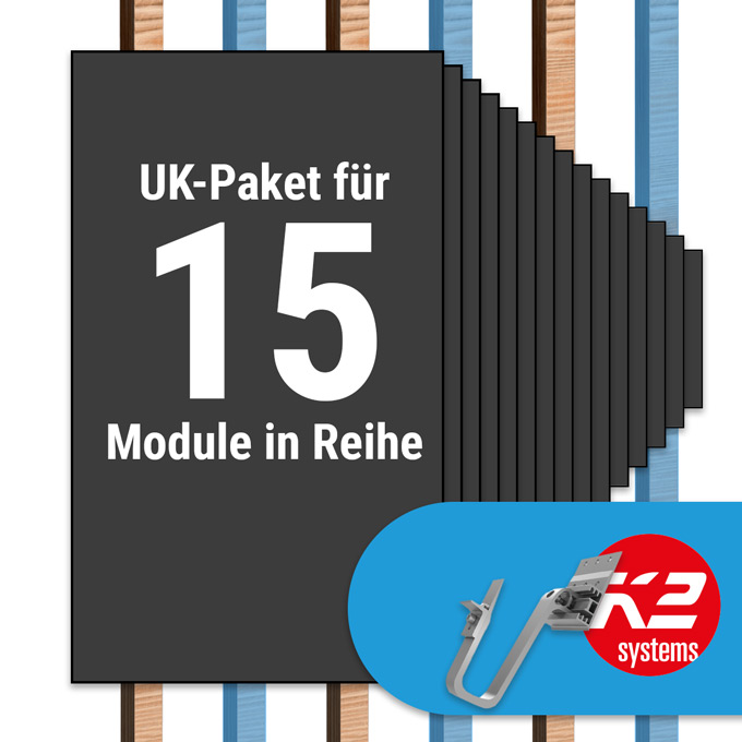 K2 Paket Ziegeldach: 1 Reihe x 15 Module (K2 3S Long Dachhaken: Jeder 2. Sparren)