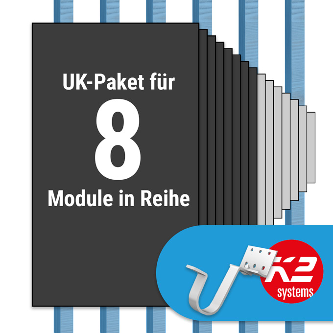 K2 Paket Ziegeldach: 1 Reihe x 8 Module (K2 Vario Set Dachhaken: Jeder Sparren)