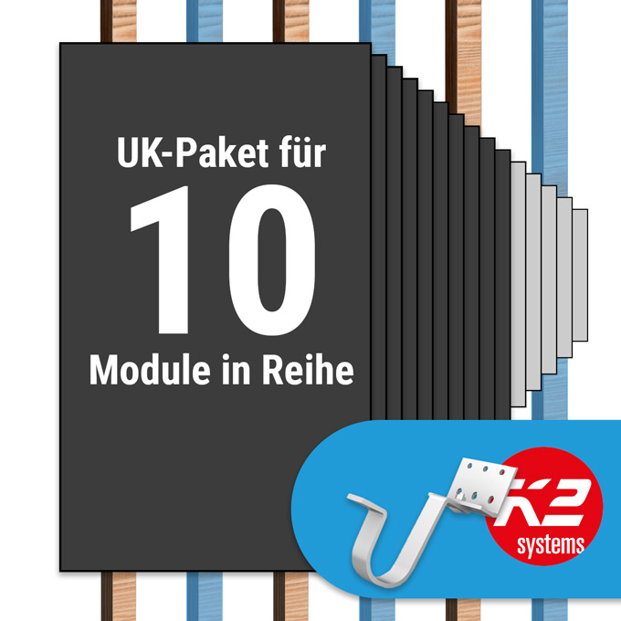 K2 Paket Ziegeldach: 1 Reihe x 10 Module (K2 Vario Set Dachhaken: Jeder 2. Sparren)