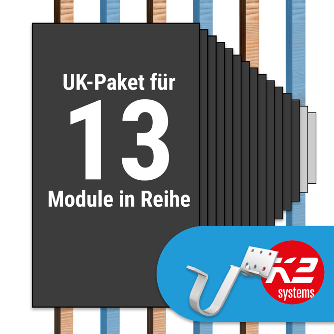 K2 Paket Ziegeldach:: 1 Reihe x 13 Module (K2 Vario Set Dachhaken: Jeder 2. Sparren)