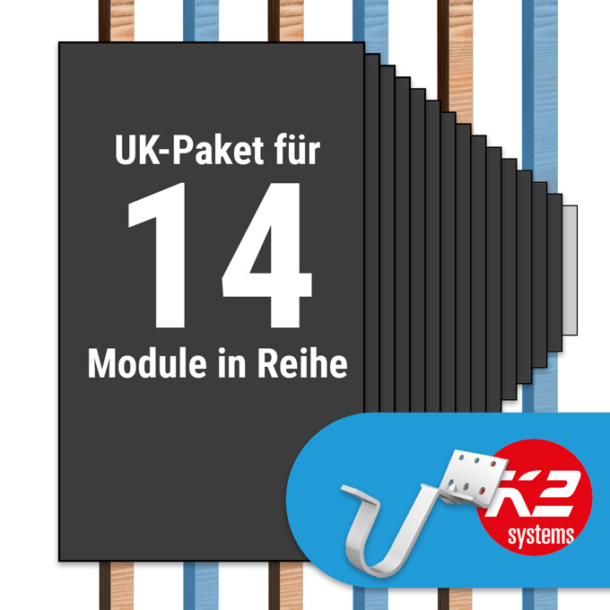 K2 Paket Ziegeldach: 1 Reihe x 14 Module (K2 Vario Set Dachhaken: Jeder 2. Sparren)