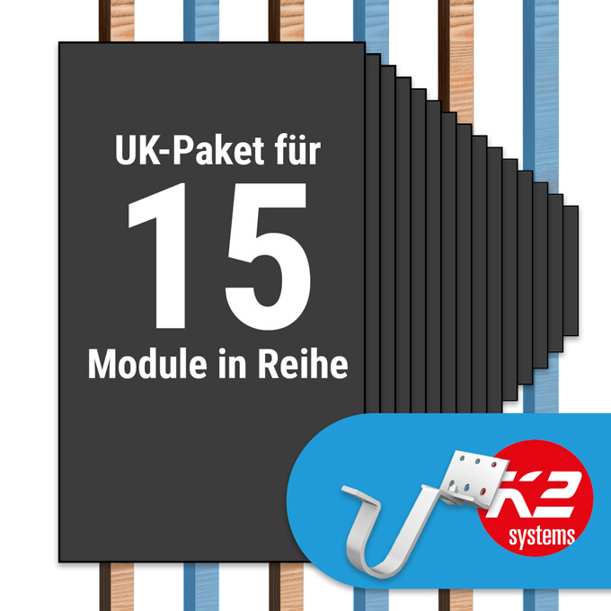 K2 Paket Ziegeldach: 1 Reihe x 15 Module (K2 Vario Set Dachhaken: Jeder 2. Sparren)
