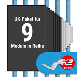 K2 Paket Biberschwanz: 1 Reihe x 9 Module (K2 FLA H35/144 Dachhaken: Jeder Sparren)